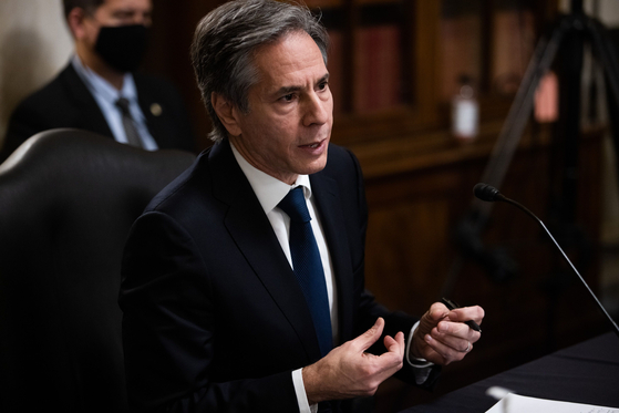 Antony Blinken, who was sworn in as the new U.S. secretary of state on Tuesday, testifies at his confirmation hearing before the Senate Foreign Relations Committee in Washington on Jan. 19. [AFP/YONHAP]
