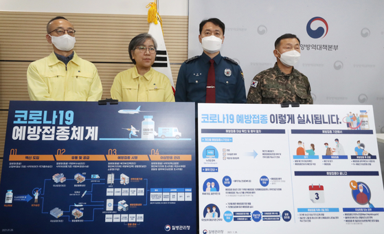 Jeong Eun-kyeong, the commissioner of the Korea Disease Control and Prevention Agency (KDCA), second from left, explains Korea’s vaccination scheme, alongside other government officials in a briefing Thursday at the KDCA headquarters in Cheongju, North Chungcheong. [NEW1]