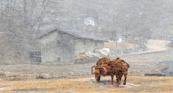  Old Partner Park, built on the filming location of the documentary “Old Partner” (2009) in Bonghwa County, North Gyeongsang. A statue at the center of the park was modeled after the documentary’s protagonist “Grandpa Choi Won-gyun” and his ox Nureongi. [SOHN MIN-HO] 