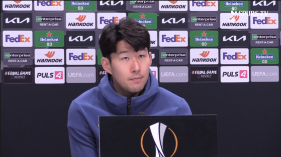 Son Heung-min discusses Tottenham Hotspur's drop in the table in a press conference ahead of the club's Europe League clash with Wolfsberger. [SCREEN CAPTURE]