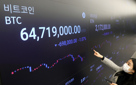 A display at Upbit, a cryptocurrency exchange in Gangnam District, southern Seoul, shows the price of bitcoin surpassing 64.7 million won ($58,322) Monday morning. [YONHAP]