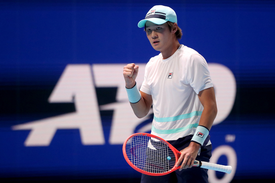 Kwon Soon-woo reacts in his men's singles second round match against Yasutaka Uchiyama of Japan on day four of the Singapore Tennis Open at the OCBC Arena in Singapore on Thursday. [GETTY IMAGES/SPORT SINGAPORE]