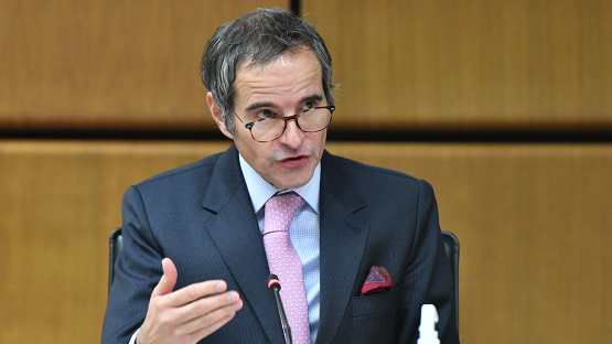 Rafael Mariano Grossi, director-general of the International Atomic Energy Agency, delivers an opening statement to the IAEA Board of Governors in Vienna Monday. [IAEA]