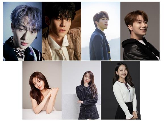Clockwise from left, singers and actors Onew from Shinee, Wonpil from DAY6, Cho Hun, Youngjae from Got7, Lee Ah-jin, Kei from Lovelyz, and Kang Hye-in will all feature in lead roles for the upcoming musical ″Midnight Sun.″ [SHINSWAVE]