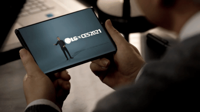 The LG Rollable seen during LG Electronics’ 2021 CES presentation in January. [LG ELECTRONICS]