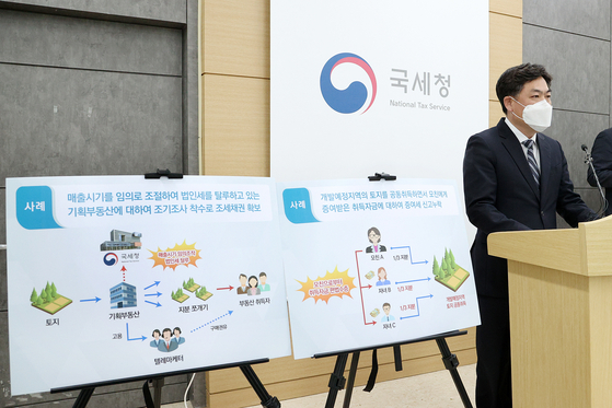  National Tax Service official Kim Tae-ho explains the preliminary investigation results of suspected tax dodging related to sites designated for new towns at the NTS office in Sejong on April 1. [YONHAP]