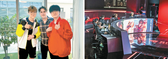 Left: T1 CEO Joe Marsh takes photos with T1 players Teddy, left, and Faker, right. Right: T1’s League of Legends team compete at the 2020 LCK Summer League at the LoL PARK - LCK Arena in central Seoul. T1 finished the tournament in fourth place. [SCREEN CAPTURE, RIOT GAMES] 