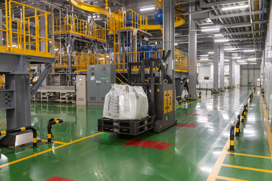 An automated guided vehicle transports a bag of material at Posco Chemical's Gwangyang cathodes factory. [POSCO CHEMICAL]