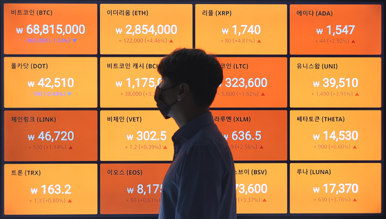 Prices of bitcoin and alternative coins -- cryptocurrencies other than bitcoin -- are displayed on a board operated by cryptocurrency exchange Bithumb in Gangnam District, southern Seoul, on Wednesday. Bitcoin prices fell below 70 million won ($62,600) on Wednesday. [YONHAP]