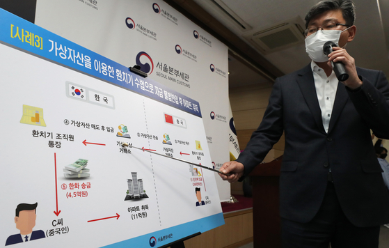 A Korea Customs Service's Seoul office official on Tuesday explaining how cryptocurrency was used by a Chinese in buying an apartment in 2018. [YONHAP] 
