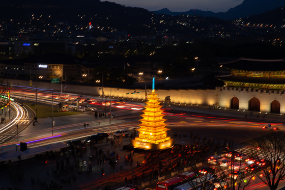 A pagoda-shaped lantern will light up at 7 p.m. on April 28 at Gwanghwamun Plaza in central Seoul to kick off Buddha's Birthday festival this year. [THE JOGYE ORDER OF KOREAN BUDDHISM]