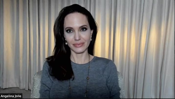 Angelina Jolie attends an online press event with the Korean media to promote her film ″Those Who Wish Me Dead″ on Tuesday. [WARNER BROS KOREA] 