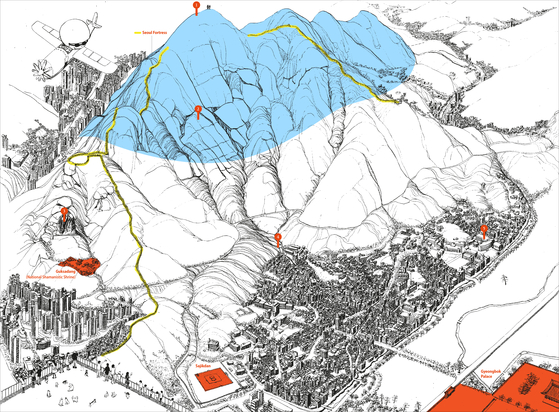 1. An area of Mount Inwang depicted on Jeong Seon's "Inwangjesaekdo." 2. Chimabawi (Skirt Rock) 3. Seonbawi (Standing Rock) 4. Suseongdong Valley 5. Kyungbok High School (Site of Jeong Seon's former residence)  [AN CHUNG-KI]