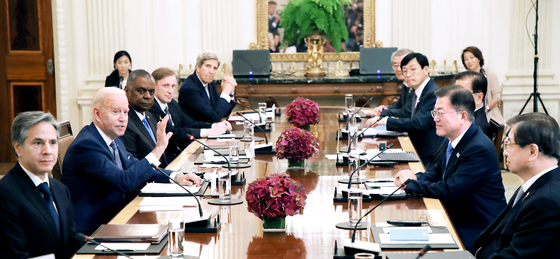South Korean President Moon Jae-in meets with U.S. President Joe Biden at the White House in Washington, D.C. on Friday. [YONHAP] 