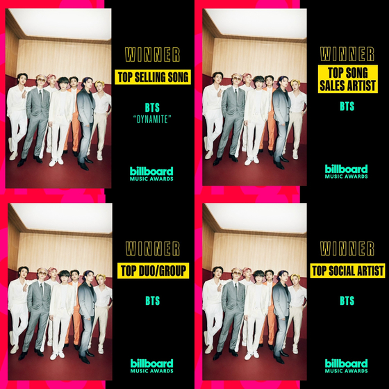 BTS nabbed the Top Duo/Group, Top Song Sales Artist, Top Social Artist, and Top Selling Song awards at the 2021 Billboard Music Awards (BBMA) held on Monday, Korean time. [BILLBOARD MUSIC AWARDS]