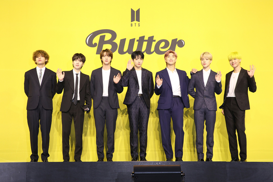 Boy band BTS poses for photos prior to the press conference for its latest digital single ″Butter″ held on May 21. [BIG HIT MUSIC]