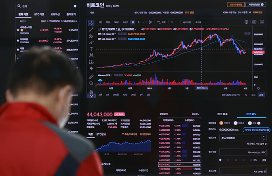 A graph tracing prices of bitcoin is displayed at a digital screen operated by Bithumb in Gangnam Distrcit, southern Seoul, on Tuesday. Bitcoin prices rose by 1.89 percent at Bithumb Tuesday morning to 44.12 million won ($39,900) compared to 24 hours ago, according to the exchange. [YONHAP]
