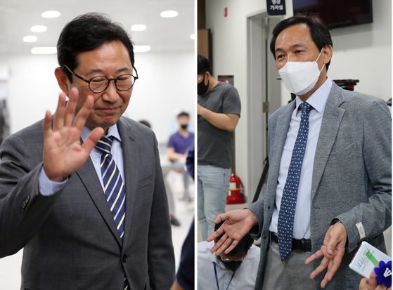 Kim Han-jung (left) and Woo Sang-ho speak separately to the media after the Democratic Party announced it had asked the two lawmakers to leave the party and face investigation for suspicions that they engaged in illegal real estate activities. 10 other ruling party lawmakers face the same request. [YONHAP]
