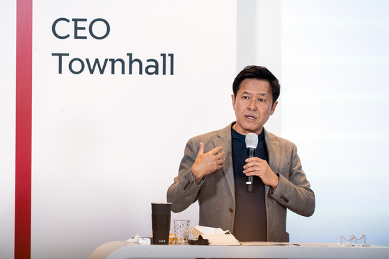SK Telecom CEO Park Jung-ho shares plans to divide the company into two entities during an online presentation in April. [SK TELECOM] 