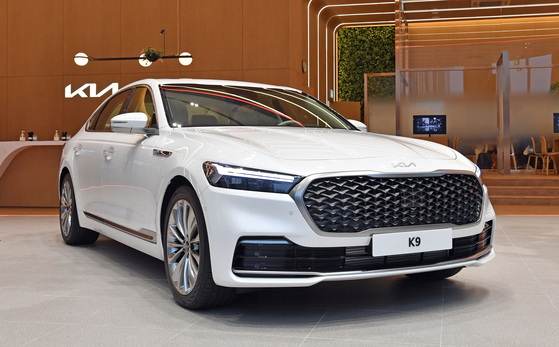 Kia's K9 sedan is displayed at the automaker's showroom in Hwaseong, Gyeonggi on Tuesday. [KIA]