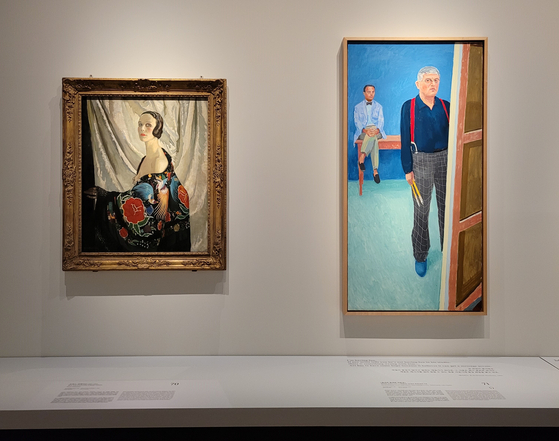 ″Self-Portrait″ (1929) by Scottish theatrical stage and costume designer Doris Zinkeisen, left, and ″Self-portrait with Charlie″ (2005) by the renowned English artist David Hockney. [MOON SO-YOUNG]