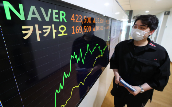 A digital screen operated by Yonhap Infomax in Jongno District, central Seoul, shows the closing prices of Naver and Kakao stocks on the Kospi on Wednesday. Naver closed at 423,500 won ($372.60), up 8.31 percent from the previous trading day, while Kakao closed at 169,500 won, up 6.6 percent. The two companies’ shares hit a 52-week high during intraday trading Wednesday. [YONHAP] 