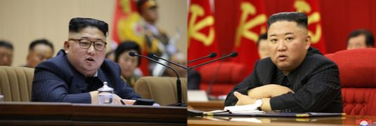 North Korean leader Kim Jong-un in 2018 on the left and in 2021 on the right. [KCNA]