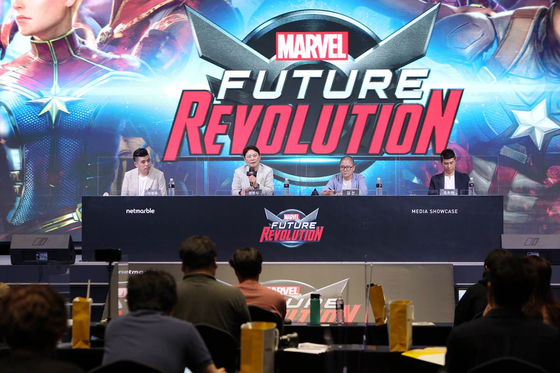 Netmarble executives introduce mobile game Marvel Future Revolution at a press conference, Tuesday, at the company's headquarters in Guro District, western Seoul. [NETMARBLE]