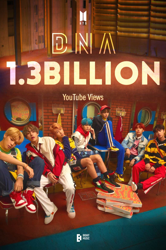 An image that celebrates the 1.3 billion view mark of the K-pop superstar band BTS's music video ″DNA.″ 