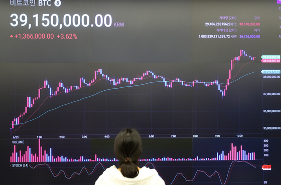 Bitcoin price is displayed on a digital screen operated by cryptocurrency exchange Upbit in Gangnam District, southern Seoul, last month. Bitcoin prices plunged to below the $30,000-mark last month after soaring to above the $60,000-mark in April and have not fully recovered since. [YONHAP]