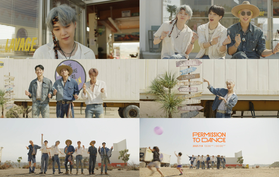 Scenes from BTS's “Permission to Dance” music video teaser, which was released Wednesday. The full version is set to drop on July 9. [BIG HIT MUSIC]