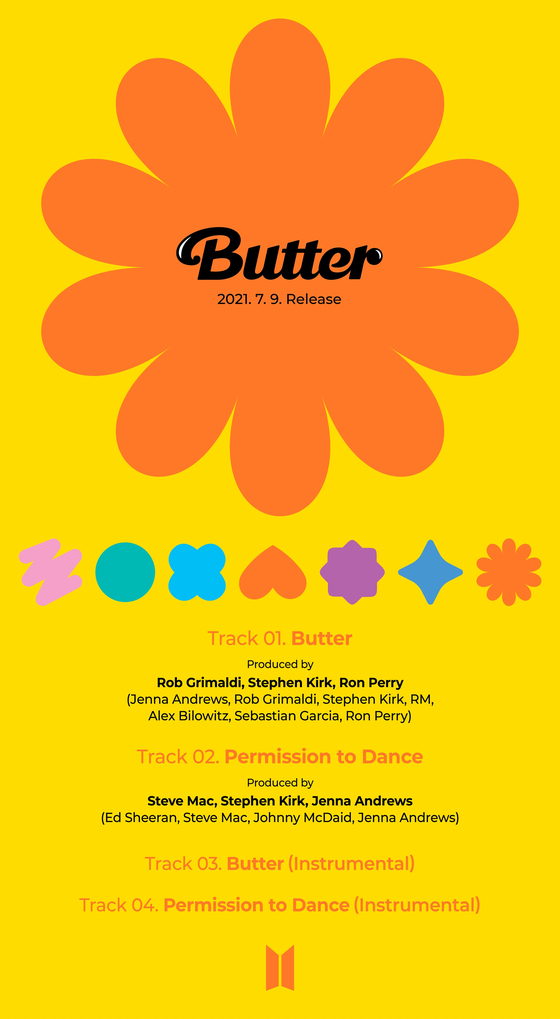 Tracklist of boy band BTS's upcoming EP containing its megahit ″Butter″ along with ″Permission to Dance″ produced by British pop star Ed Sheeran. [BIG HIT MUSIC]