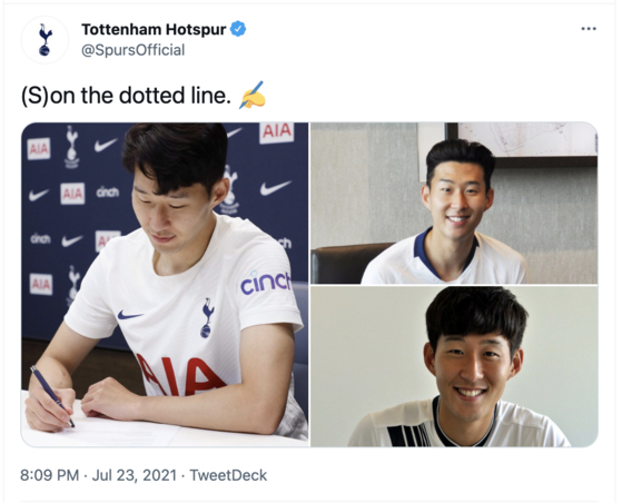 A Tottenham Hotspur tweet on Friday shows Son Heung-min signing a new four-year deal with the club. [SCREEN CAPTURE]