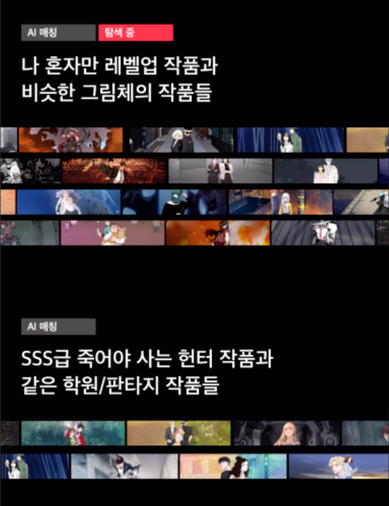 An artificial intelligence (AI) program curates different works to readers depending on what theme, illustration style or story they like. In the picture above, a list of recommendations are made based on the illustration style, top, and action fantasy themes, above. [KAKAO ENTERTAINMENT]
