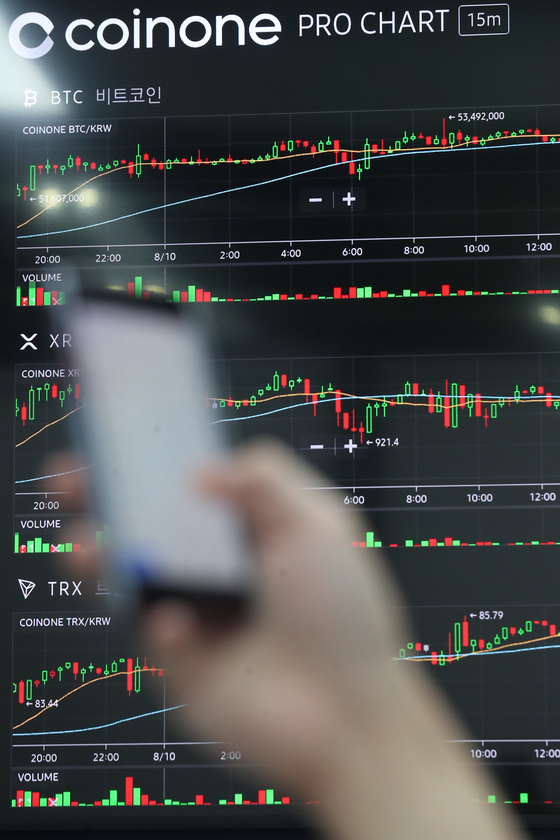 A digital signboard operated by cryptocurrency exchange Coinone in Yongsan District, central Seoul, shows bitcoin price changes on Tuesday. According to CoinMarketCap, bitcoin prices jumped 5 percent compared to the past 24 hours to $45,962 as of 5:40 p.m. Tuesday. [YONHAP]