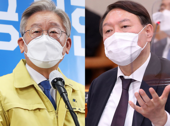  The ruling Democratic Party’s frontrunner Gyeonggi Governor Lee Jae-myung, left, and the opposition People Power Party’s frontrunner Yoon Seok-youl, former prosecutor general.