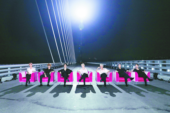 BTS members pose on the yet-to-be opened World Cup Bridge. The boy band performed its single "Butter" for NBC's "The Tonight Show Starring Jimmy Fallon" in July on the bridge. [YONHAP]