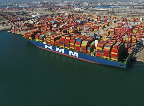 An HMM container vessel at the Port of Los Angeles last October. [HMM] 