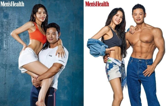 Top and above: "Body profiles" of celebrities such as singers U-ie and Solar, who joined in the ongoing trend of youths showing off their muscular bodies on social media. [MEN'S HEALTH]