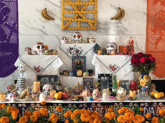 An altar to celebrate the Day of the Dead is prepared at the residence of Ambassador of Mexico to Korea Bruno Figueroa and his wife, Veronica Gonzalez, on Saturday. The altar this year included a picture of Antonio Villarreal, first president of the Association of Mexican Veterans of the Korean War, who passed away on May 1. As per tradition, some funny and satirical poems related to the subject were read to the audience, including some written by the ambassador. The event was held with adherence to Covid-19 social distancing rules and all attendees were vaccinated, according to the embassy. [EMBASSY OF MEXICO IN KOREA]