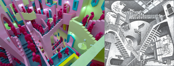 The staircase featured in Netflix’s series “Squid Game, left,” was inspired by Dutch artist M.C., Escher’s “Relativity” (1953). [NETFLIX, THE M.C. ESCHER FOUNDATION]