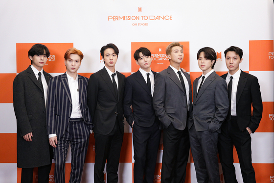 BTS attends a press conference on Sunday at the SoFi Stadium. [BIG HIT MUSIC]