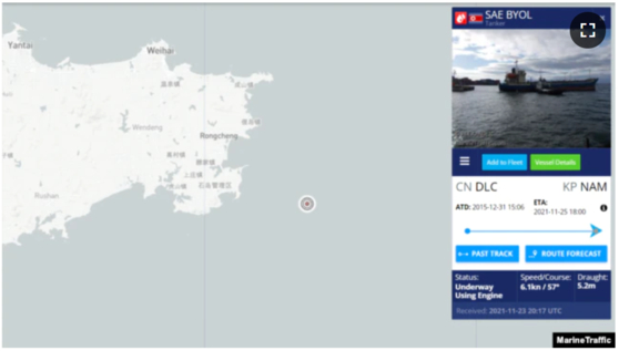 The North Korean oil tanker Sae Byol was tracked to a location 30 kilometers (18.6 miles) off the coast of Shandong Peninsula, eastern China, on Nov. 23. [VOA]