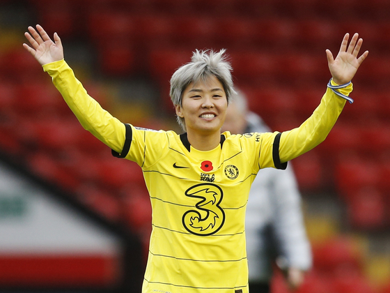 Chelsea's Ji So-yun celebrates after a match against Aston Villa on Nov. 6. [REUTERS/YONHAP]