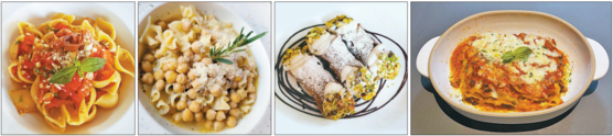 Authentic Italian dishes from left: Pesto alla Trapanese, Pasta e Ceci and Cannoli from Ciuri Ciuri in Mapo Distric, western Seoul. Lasagne from Etna Piu, also in Mapo District. [CIURI CIURI; ETNA PIU]