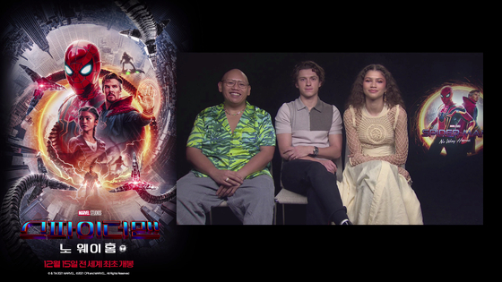 From left, actors Jacob Batalon, Tom Holland and Zendaya answer questions during an online press conference with Korean media outlets on Tuesday. [SONY PICTURES] 
