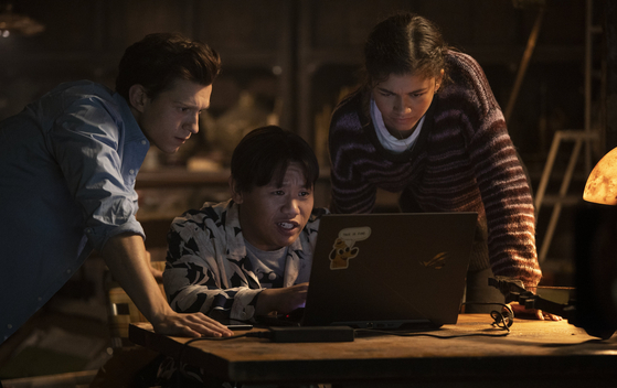 Holland, Batalon and Zendaya as Peter Parker, Ned and MJ in "Spider-Man: No Way Home" 