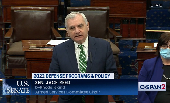 Senate Armed Services Committee Chair Jack Reed speaks on the Senate floor prior to the final vote on the National Defense Authorization Act. [C-SPAN]
