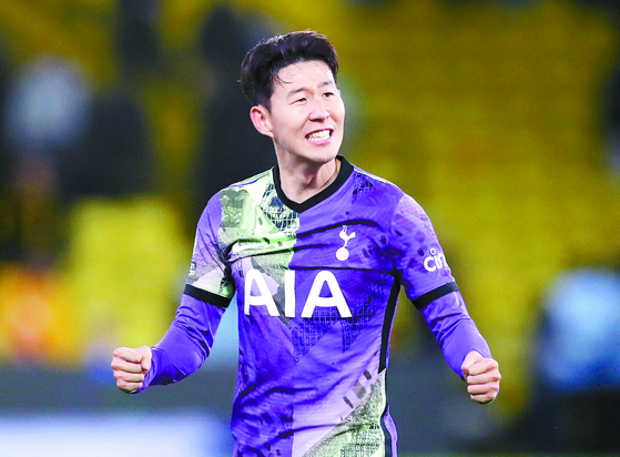 Tottenham Hotspur's Son Heung-min celebrates after a match against Watford on Jan. 1. [REUTERS/YONHAP]