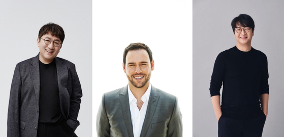 From left, Bang Si-hyuk, chairman of HYBE and co-CEOs of HYBE America Scooter Braun and Lenzo Yoon were included on the 2022 Billboard Power List. [HYBE]